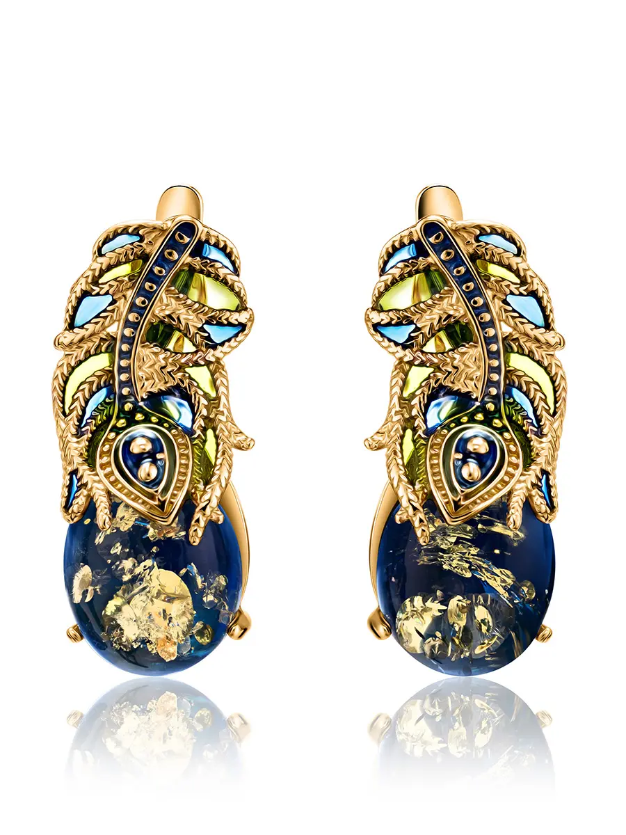 картинка Потрясающие серьги «Павлин» из позолоченного серебра и голубого янтаря в онлайн магазине
