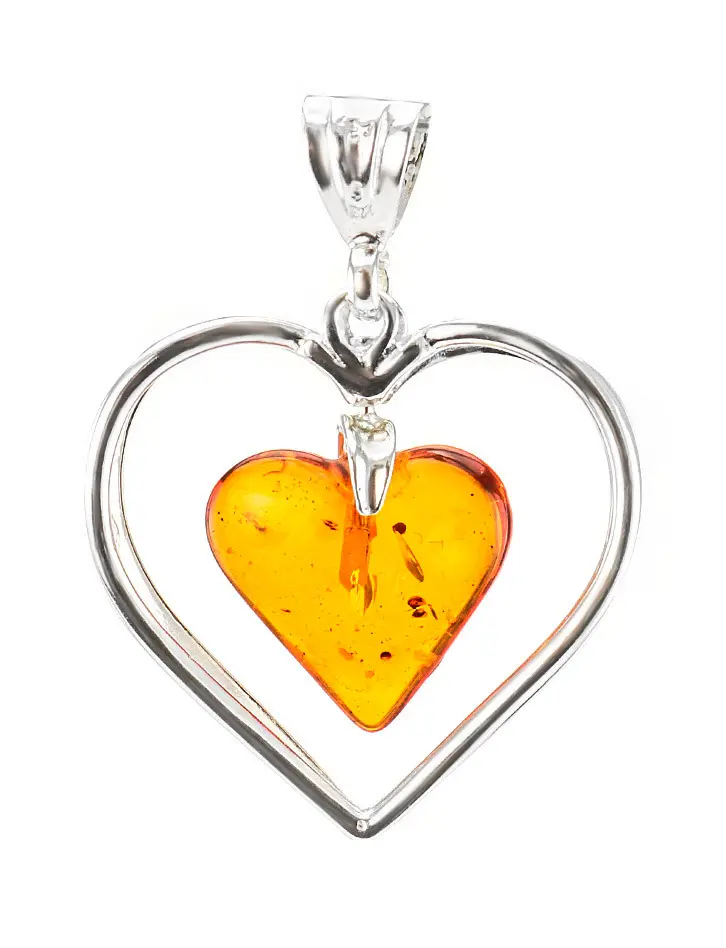 картинка Воздушная подвеска-сердце из серебра с кусочком цельного янтаря вишнёвого цвета в онлайн магазине