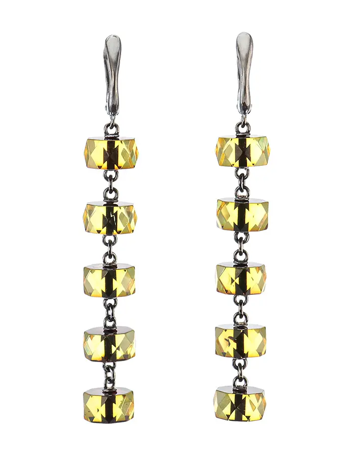 картинка Эффектные серьги из чернёного серебра и натурального балтийского янтаря «Карамель алмазная переливающаяся» в онлайн магазине