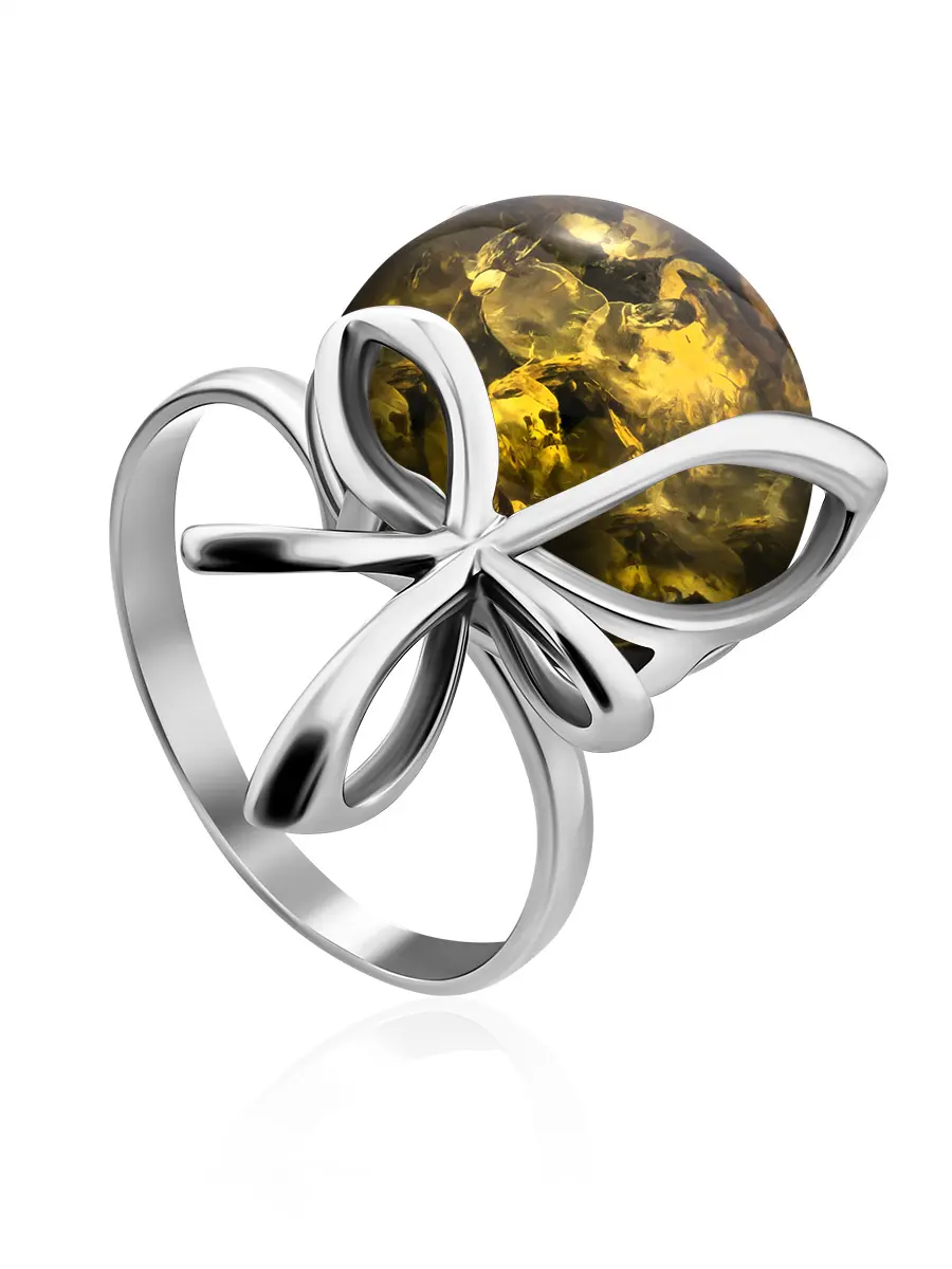 картинка Яркое кольцо «Черри» из серебра и натурального янтаря зелёного цвета в онлайн магазине