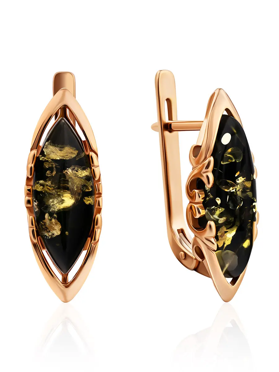 картинка Изысканные золотые серьги с натуральным янтарём зелёного цвета «Годива» в онлайн магазине