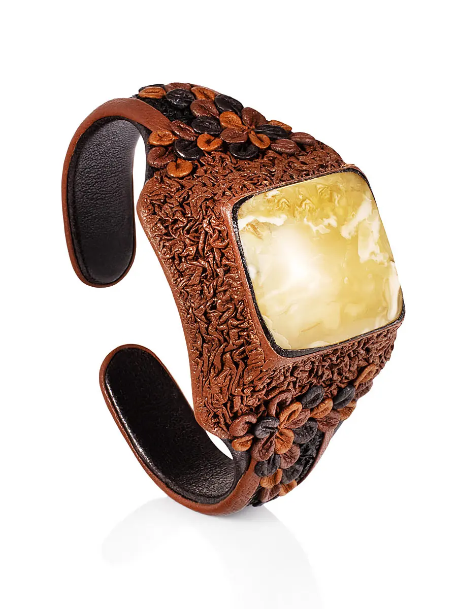 картинка Яркий браслет из кожи с натуральным янтарём «Нефертити» в онлайн магазине