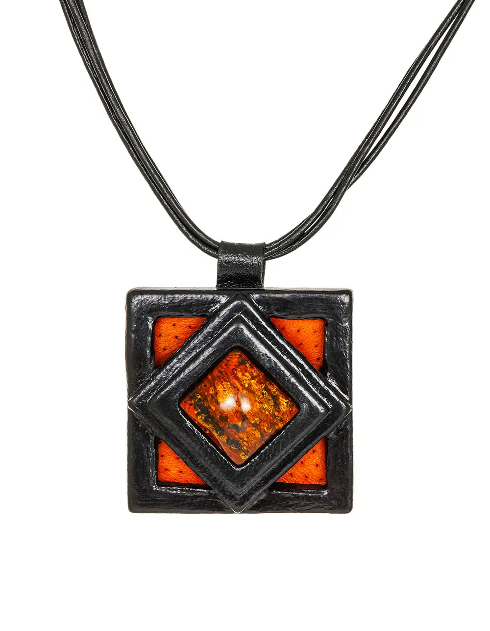 картинка Колье из кожи «Амазонка» с коньячным янтарём  в онлайн магазине