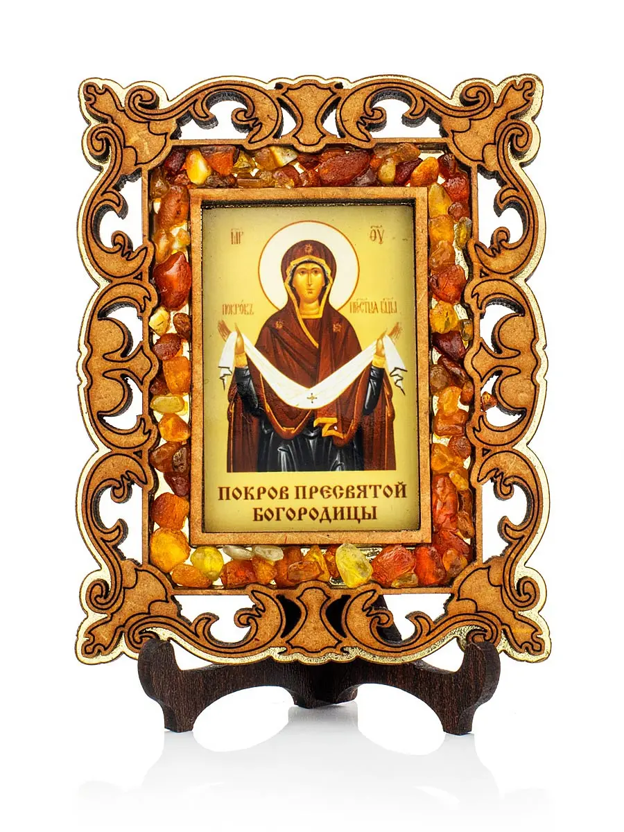 картинка Небольшая икона-магнит в резной деревянной рамке с янтарем «Покров Пресвятой Богородицы» в онлайн магазине