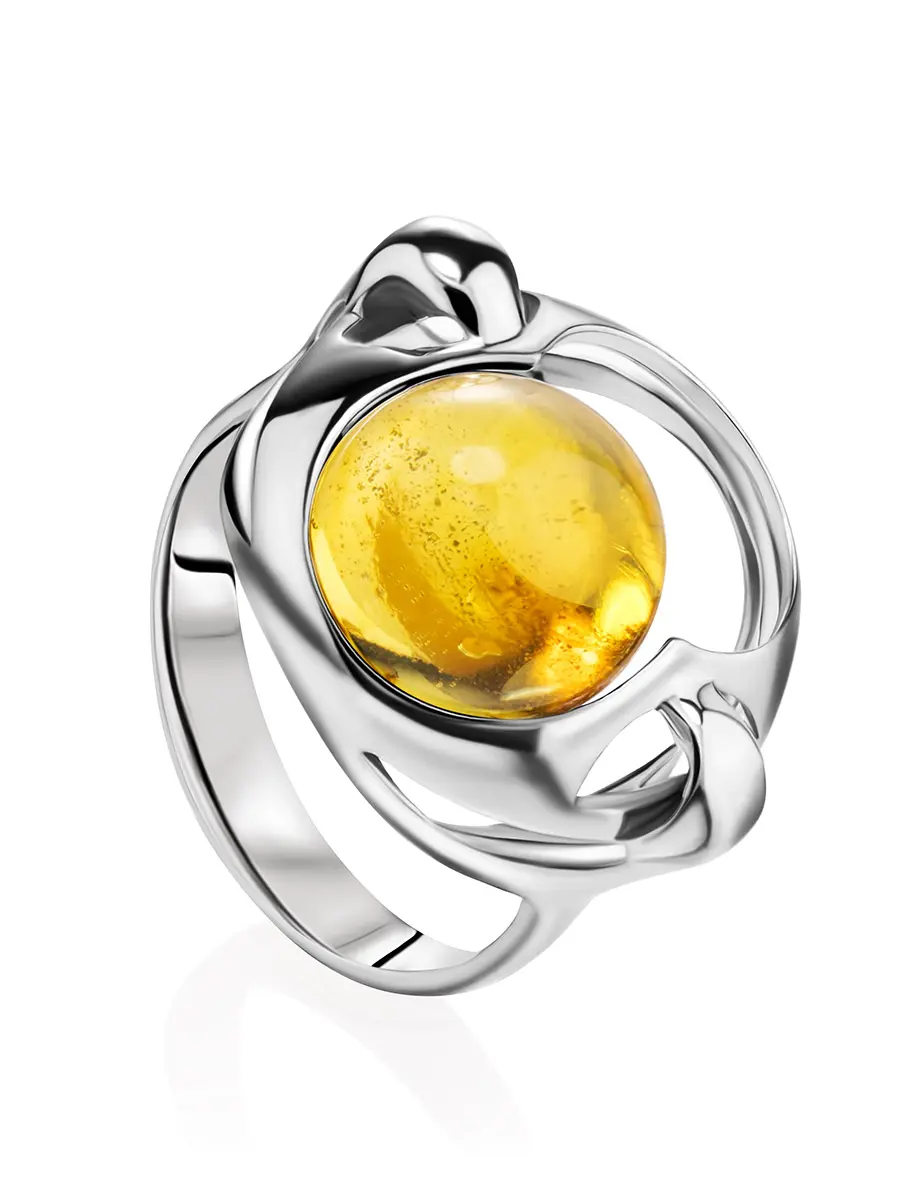 картинка Стильное кольцо с круглой вставкой из натурального искрящегося лимонного янтаря «Орион» в онлайн магазине