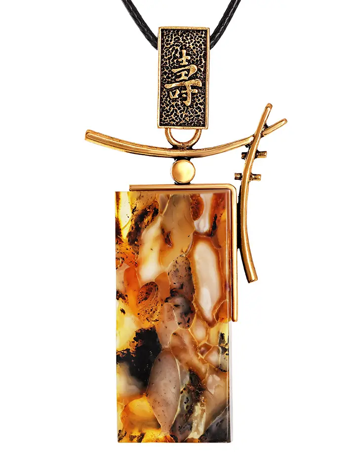 картинка Крупная подвеска из формованного янтаря с иероглифом «Долголетие» в онлайн магазине