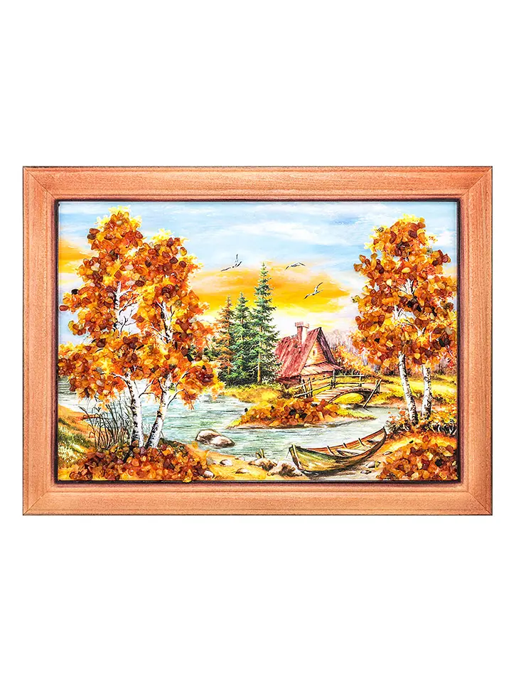 картинка Красивая живописная картина с натуральным янтарём «Домик у реки» 17 (В) х 24 (Ш) в онлайн магазине