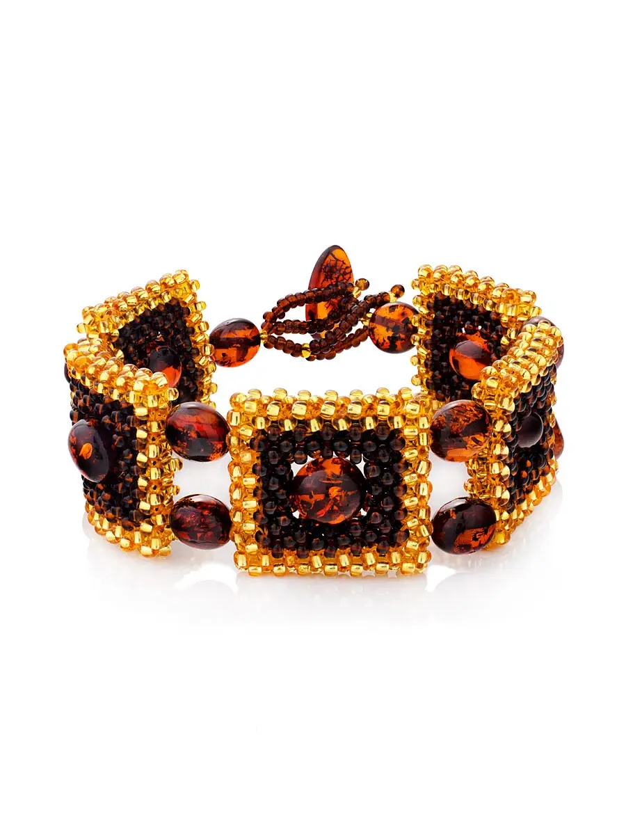 картинка Стильный плетеный браслет из бисера с натуральным янтарём «Лукоморье» в онлайн магазине