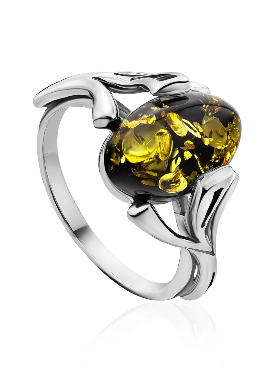 картинка Стильное кольцо с натуральным зелёным янтарём «Крокус» в онлайн магазине