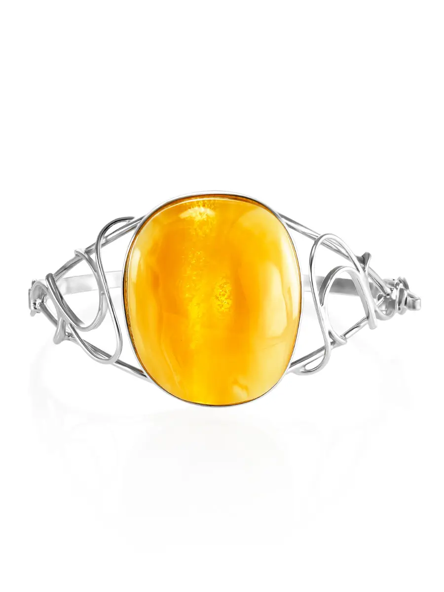 картинка Изящный серебряный браслет с крупным натуральным янтарем медового цвета «Риальто» в онлайн магазине