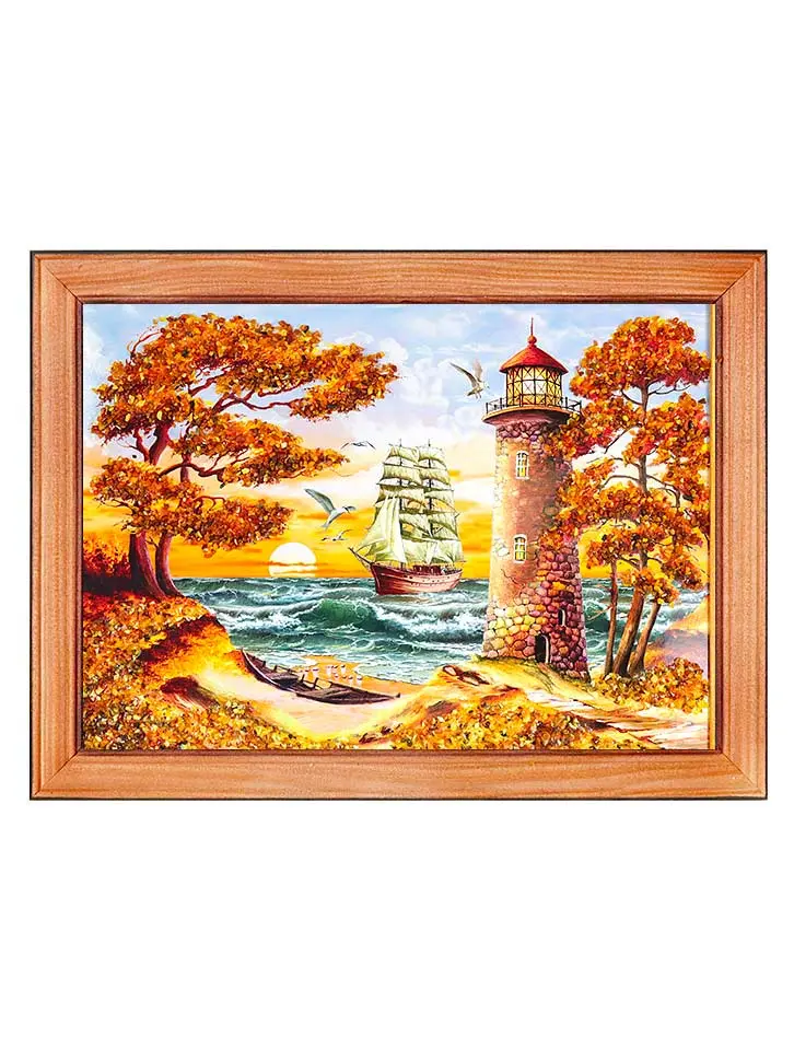 картинка Небольшая картина, украшенная натуральным янтарём «Парусник и маяк» 17 см (В) х 24 см (Ш) в онлайн магазине