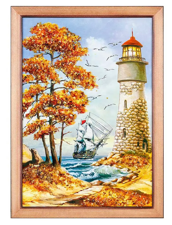 картинка «Парусник и белый маяк». Живописная марина, украшенная натуральный янтарём в онлайн магазине