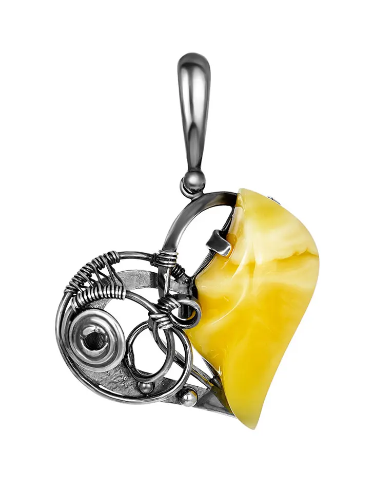 картинка Кулон-сердце в стиле стимпанк из чернёного серебра и янтаря в онлайн магазине