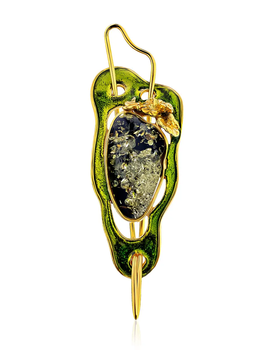 картинка Яркая эффектная заколка-брошь из позолоченного серебра с зелёным янтарём «Версаль» в онлайн магазине