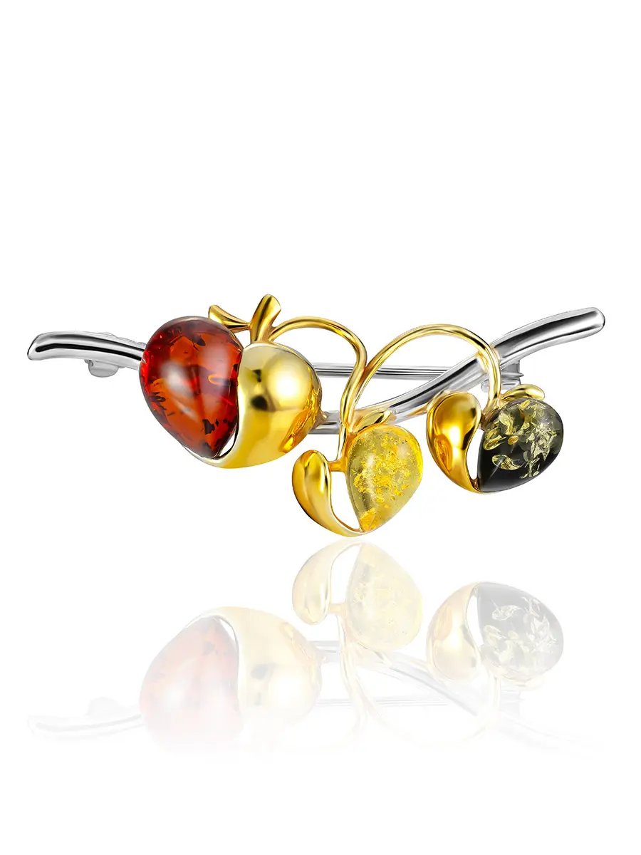 картинка Необычная яркая брошь «Яблочко» с натуральным янтарём трёх цветов в онлайн магазине