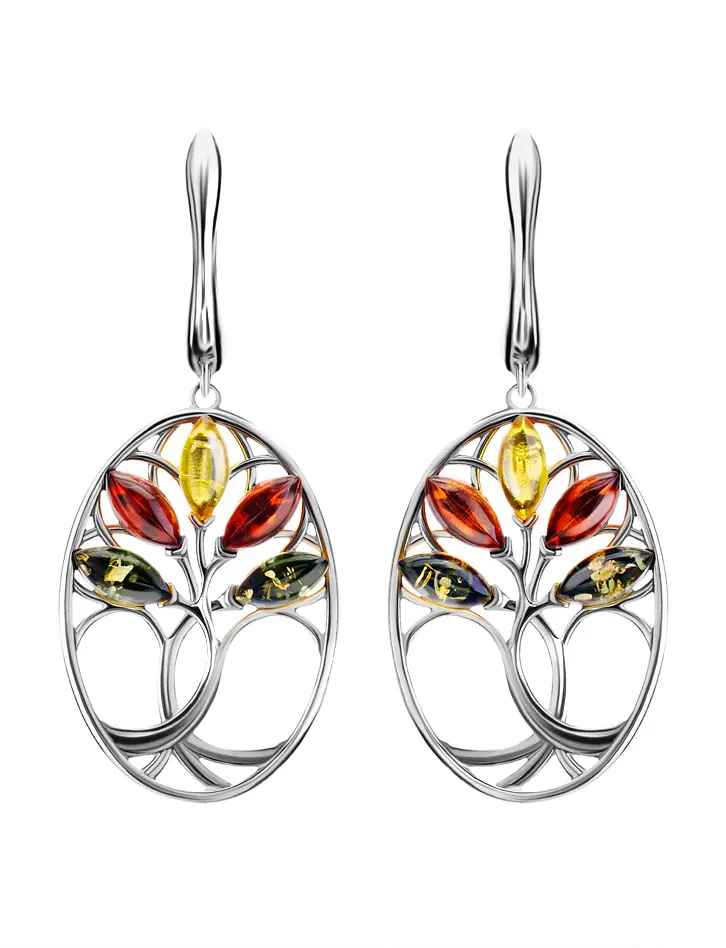 картинка Ажурные серьги-талисман из серебра и янтаря разных цветов «Древо жизни» в онлайн магазине