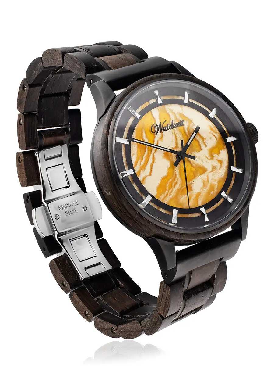 картинка Мужские часы Waidzeit Austria с браслетом из мореного дуба и циферблатом из натурального янтаря в онлайн магазине
