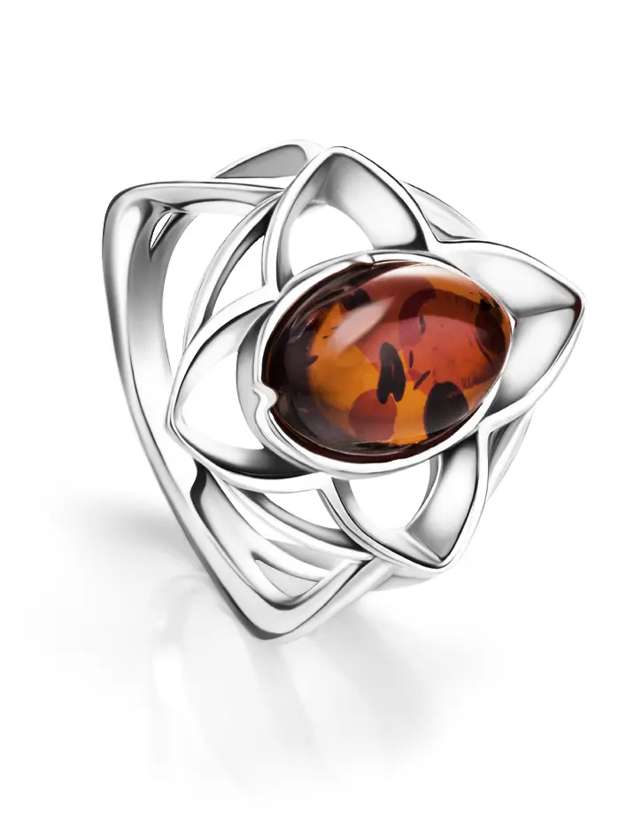 картинка Кольцо в эффектном дизайне «Амьен» из серебра и вишнёвого янтаря в онлайн магазине