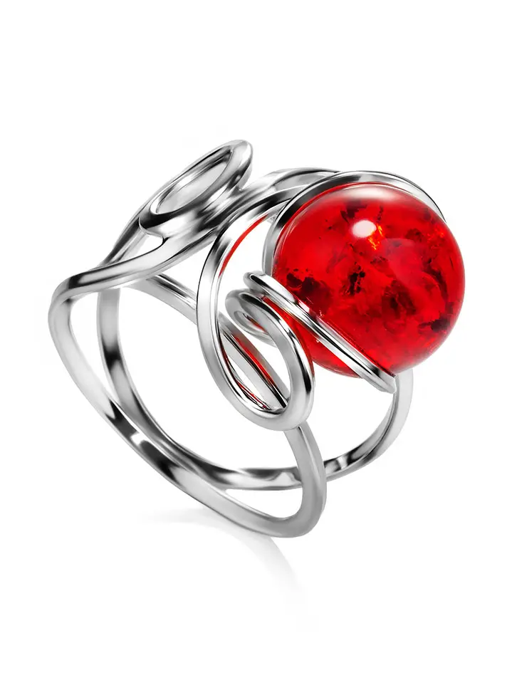 картинка Яркое серебряное кольцо из натурального балтийского янтаря красного цвета «Валенсия» в онлайн магазине