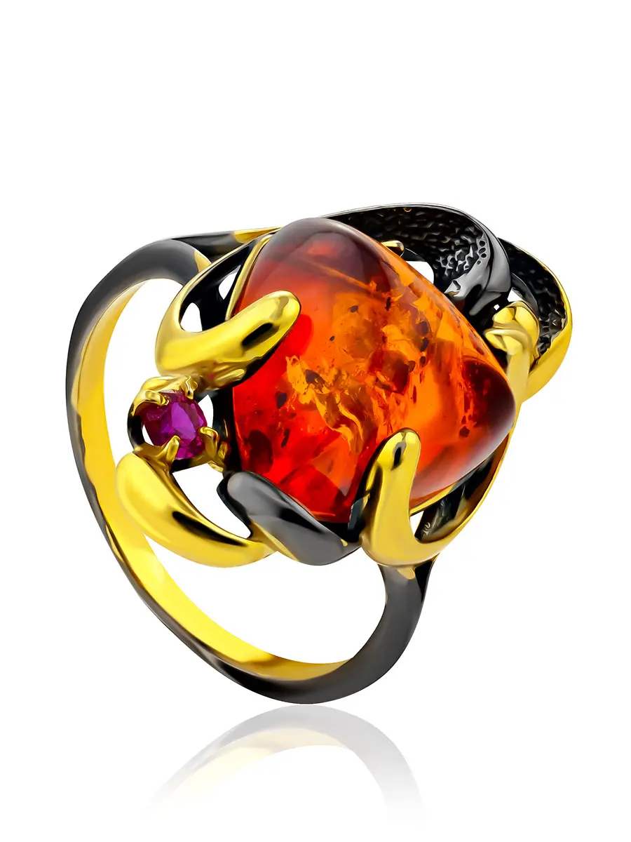 картинка Нарядное кольцо «Помпадур» с коньячным янтарём и кристаллом в онлайн магазине