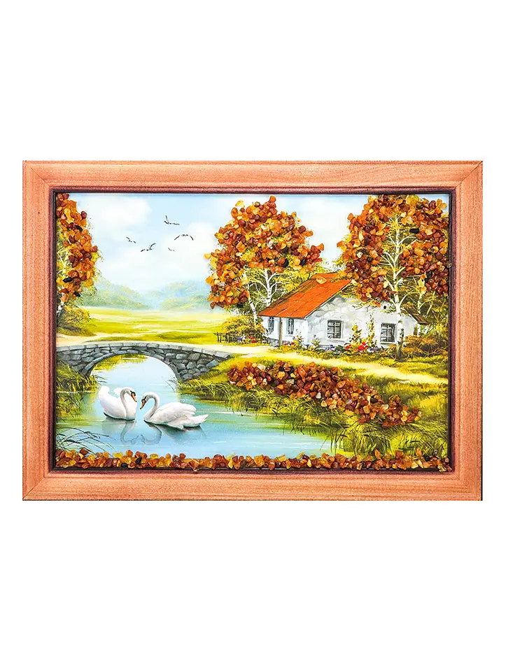 картинка Картина с романтическим сюжетом, украшенная янтарём «Лебеди» 17 см (В) х 24 см (Ш) в онлайн магазине