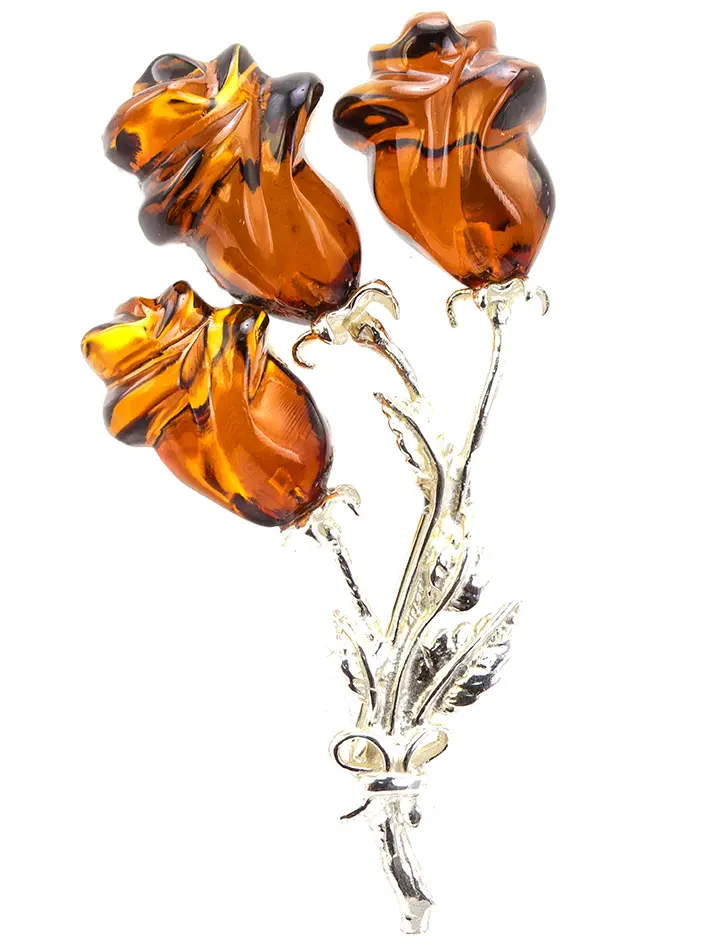 картинка Роскошная брошь из серебра и натурального балтийского янтаря коньячного цвета «Розы» в онлайн магазине