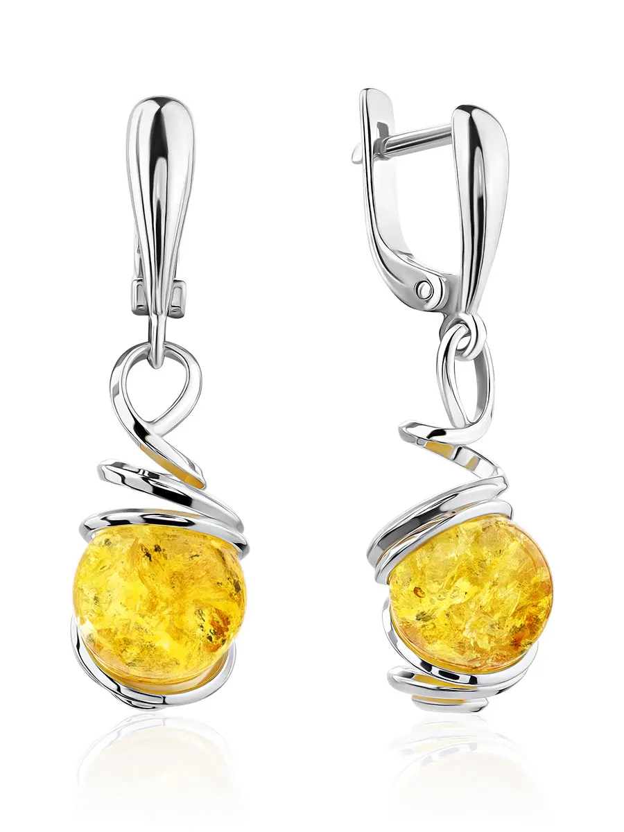 картинка Ажурные серебряные серьги с натуральным балтийским янтарём лимонного цвета «Валенсия» в онлайн магазине