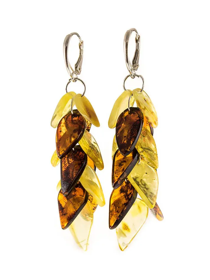 картинка Крупные серьги из лимонного и коньячного янтаря «Осенние листья» в онлайн магазине
