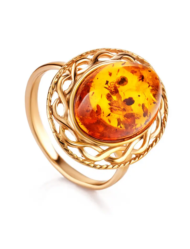 картинка Элегантное кольцо «Вавилон» с натуральным коньячным янтарём в онлайн магазине