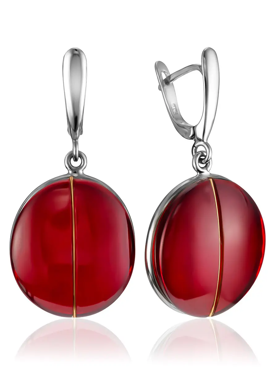 картинка Яркие стильные серьги с красным янтарём «Сангрил» в онлайн магазине