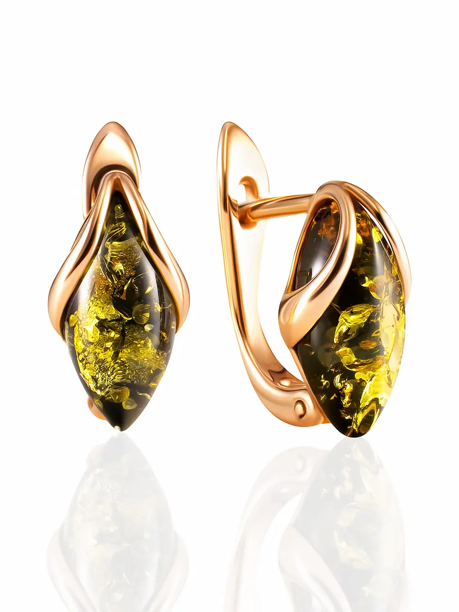 картинка Изящные золотые серьги, украшенные зелёным янтарём «Подснежник» в онлайн магазине