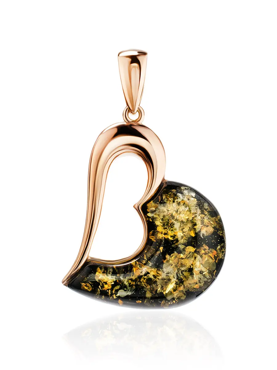 картинка Кулон в виде сердца из позолоченного серебра и янтаря зелёного цвета «Санрайз» в онлайн магазине