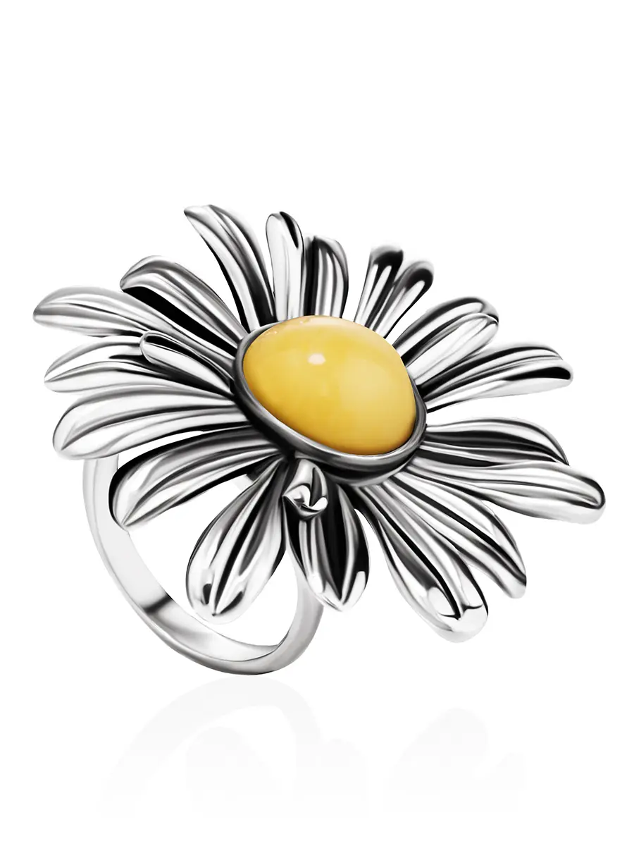 картинка Эффектное кольцо с янтарём медового цвета «Ромашка» в онлайн магазине