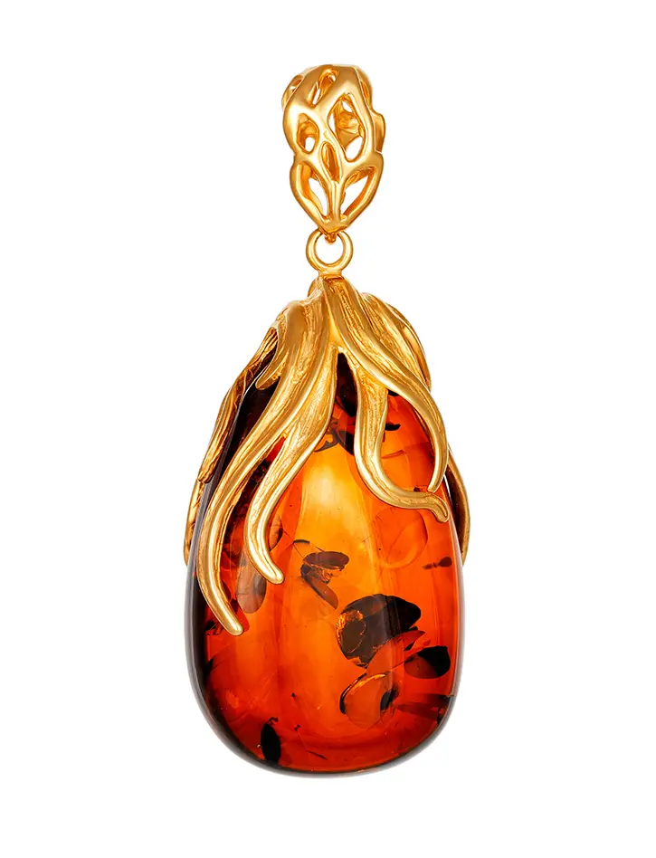 картинка Оригинальный кулон из натурального коньячного янтаря в позолоченной оправе «Версаль» в онлайн магазине