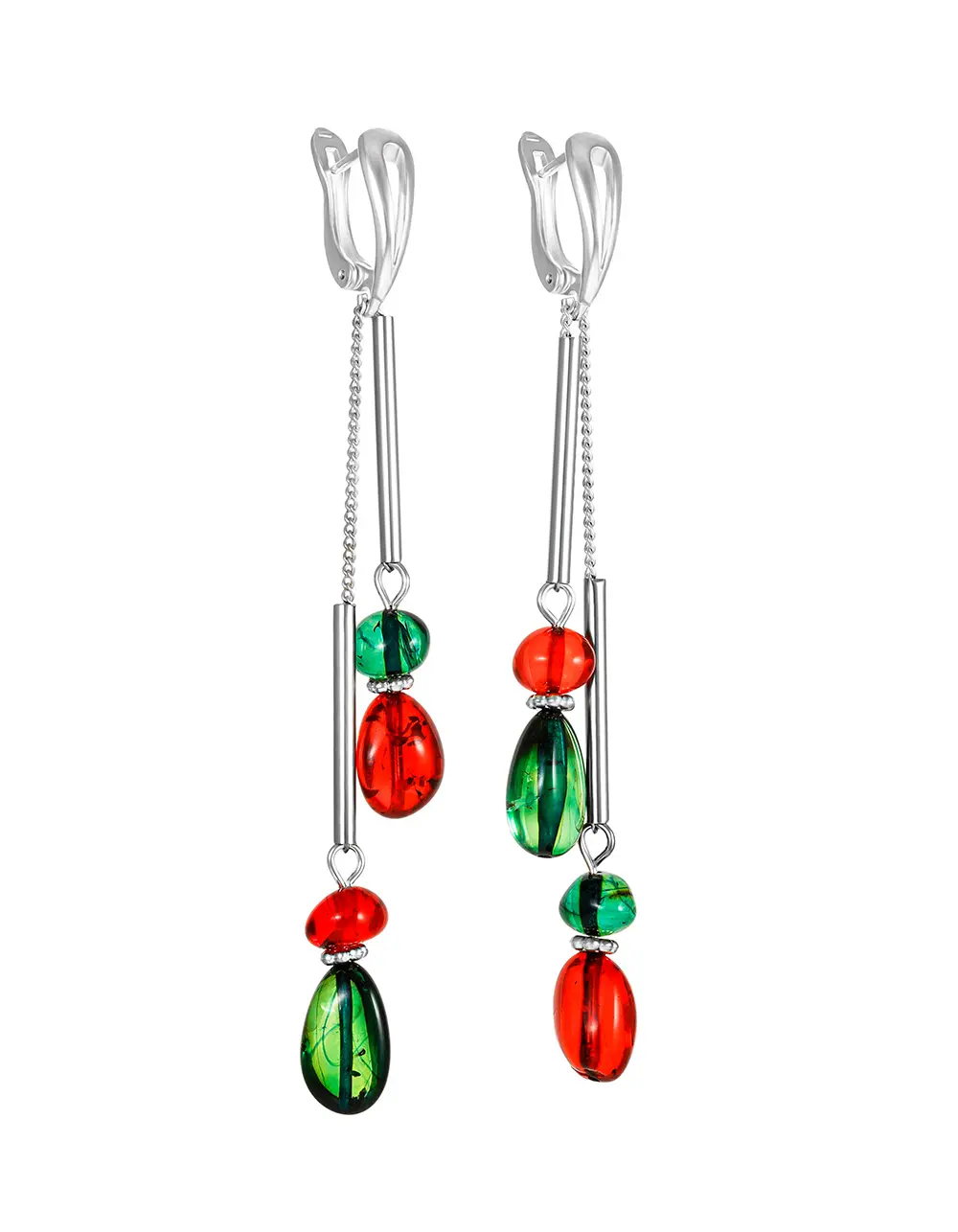 картинка Удлинённые серьги из натурального балтийского янтаря красного и зелёного цвета «Водопад» в онлайн магазине