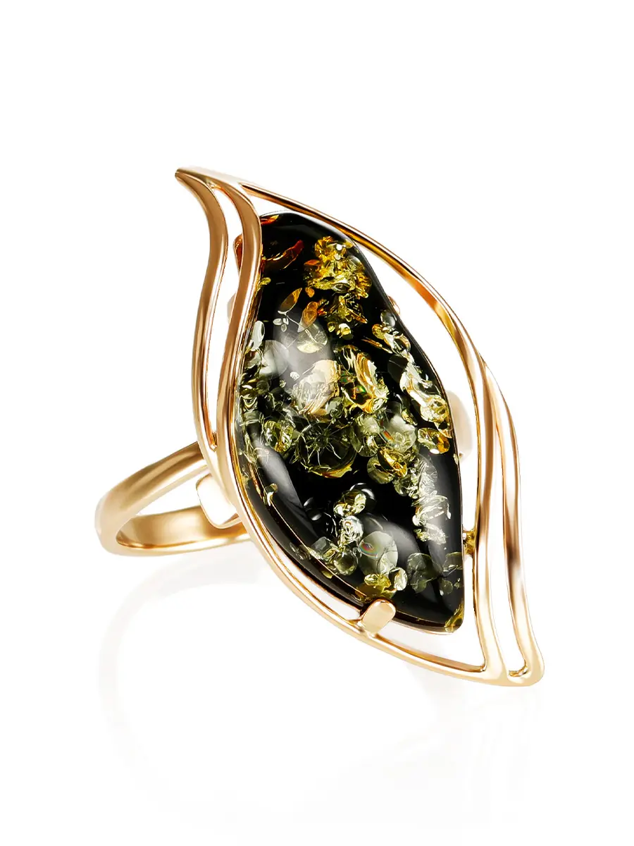 картинка Оригинальное кольцо «Палладио» из зелёного янтаря в золоте в онлайн магазине
