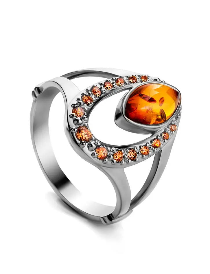 картинка Нарядное кольцо «Ренессанс» с коньячным янтарём и фианитами в онлайн магазине