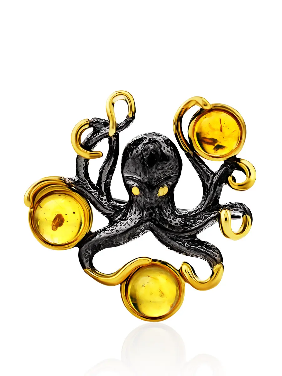 картинка Необычная брошь «Осьминог» с золотистым янтарём в онлайн магазине