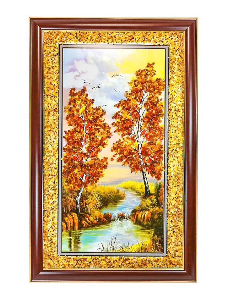 картинка Крупная вертикальная картина с натуральным янтарем «Лесная речка» в онлайн магазине
