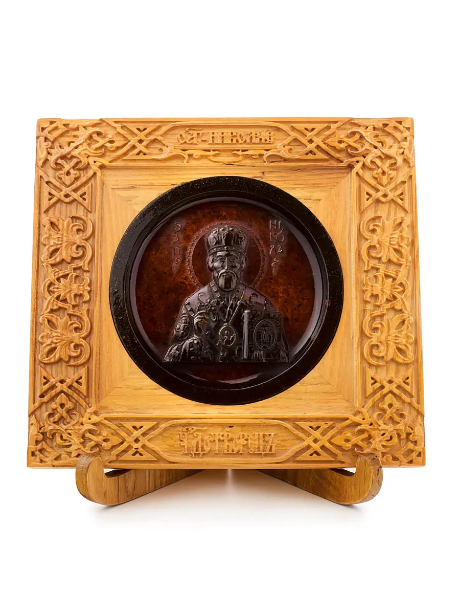 картинка Янтарный барельеф в резном окладе — икона «Святой Николай Чудотворец» в онлайн магазине