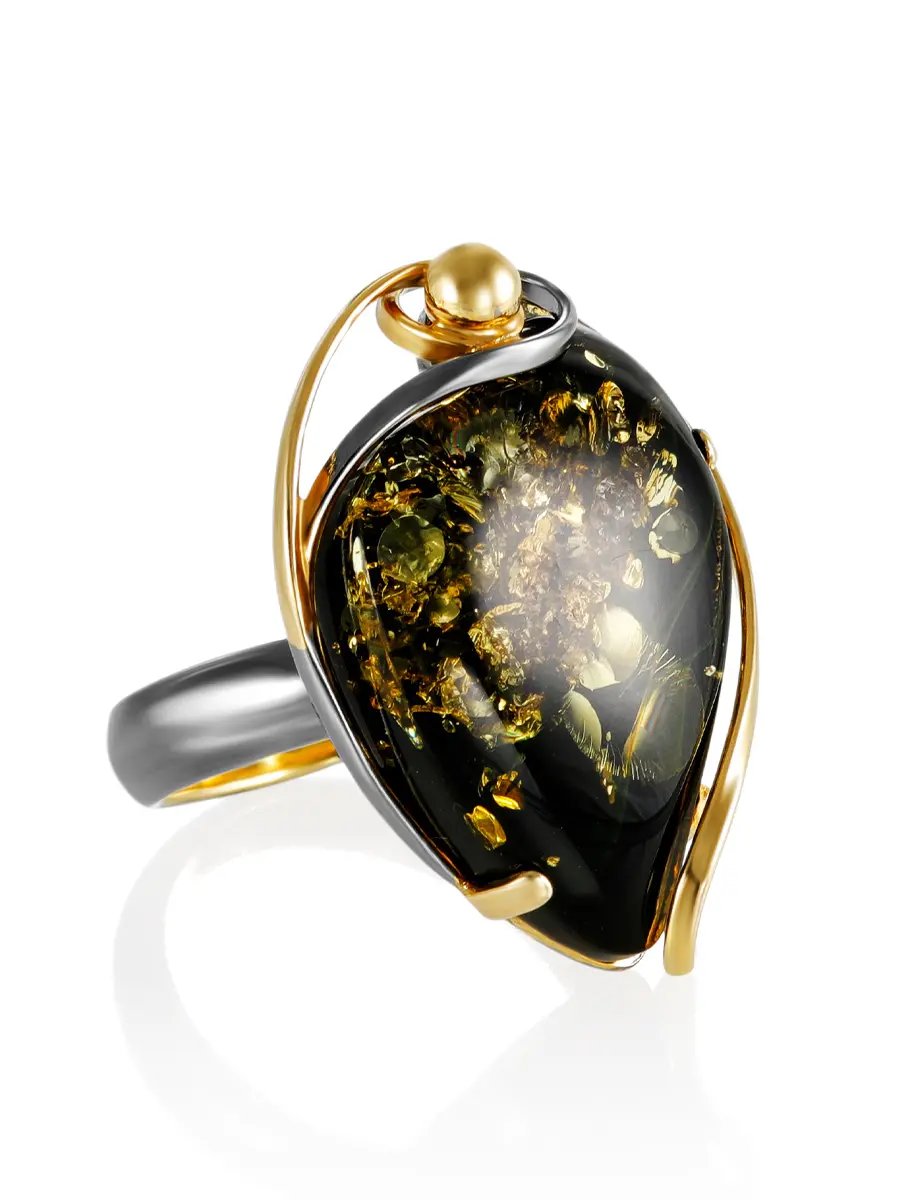 картинка Необычное кольцо из золочённого серебра с зелёным янтарём «Риальто» в онлайн магазине