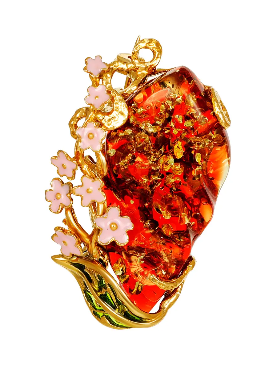 картинка Эффектная брошь «Апрель» из красного янтаря в позолоченной оправе с эмалью в онлайн магазине