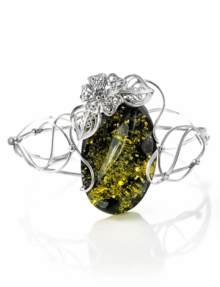 картинка Серебряный браслет с крупным тёмно-зелёным янтарём «Филигрань» в онлайн магазине