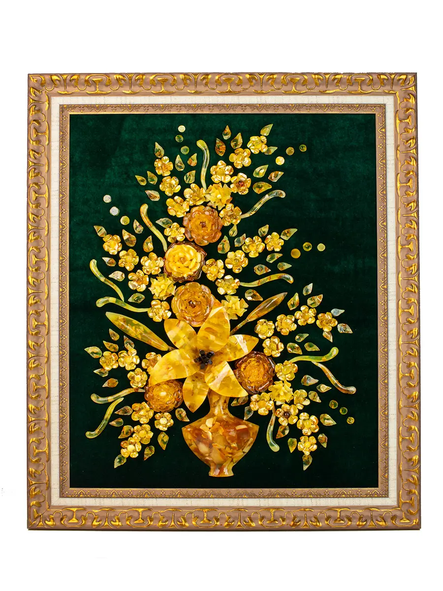 картинка Декоративное панно из натурального янтаря на зелёном бархате «Ваза с лилией» 59 х 49 см в онлайн магазине