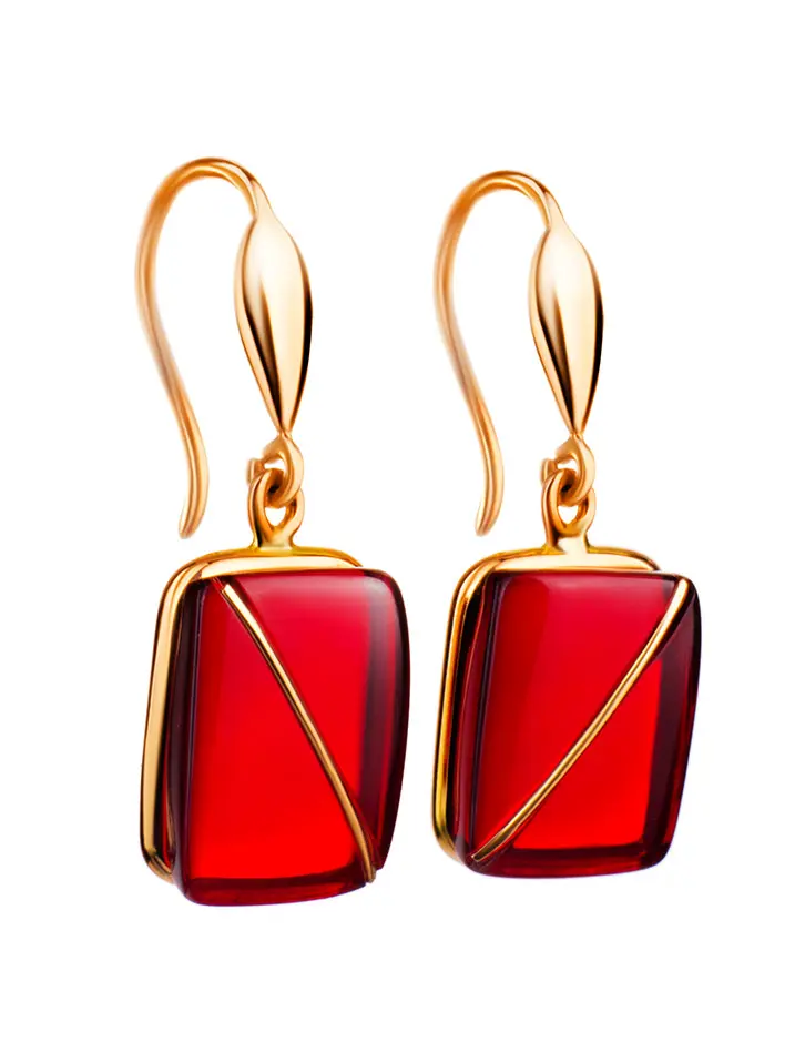 картинка Яркие серьги из золота и цельного красного янтаря «Сангрил» в онлайн магазине