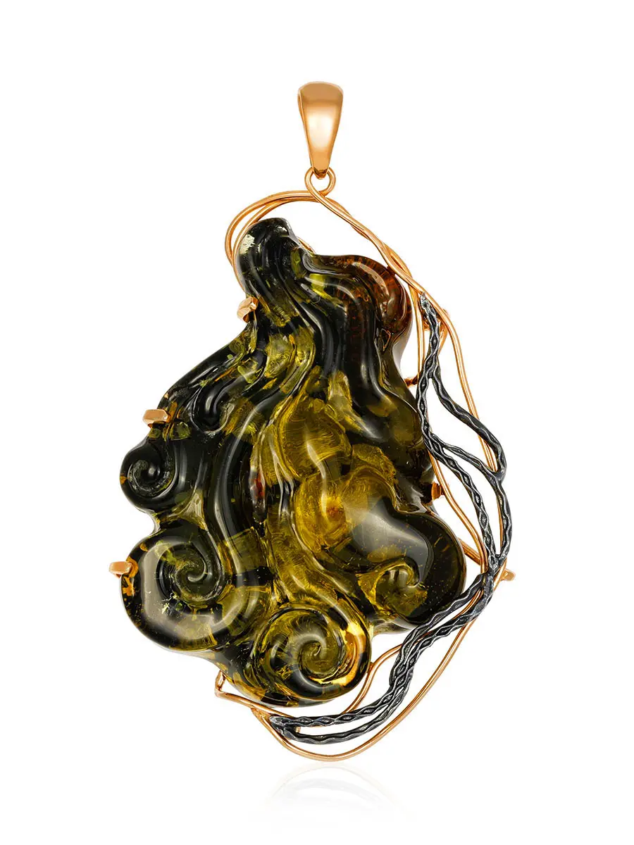 картинка Роскошный кулон «Версаль» из цельного янтаря зелёного цвета и серебра в онлайн магазине
