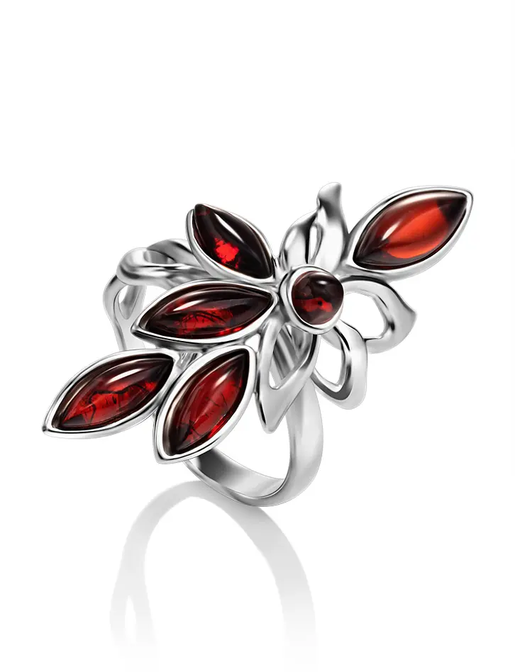 картинка Серебряное кольцо с янтарными вставками вишневого цвета «Черёмуха» в онлайн магазине