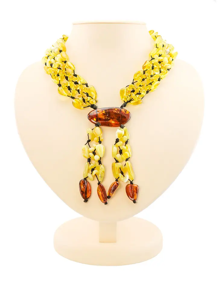картинка Крупное колье из натурального янтаря коньячного, медового и лимонного цветов «Плетеный галстук» в онлайн магазине