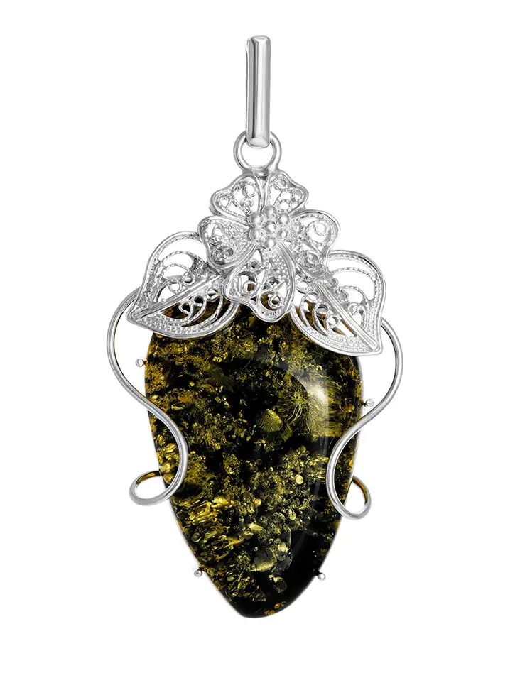 картинка Крупная подвеска из натурального искрящегося янтаря зеленого цвета в серебре «Филигрань» в онлайн магазине