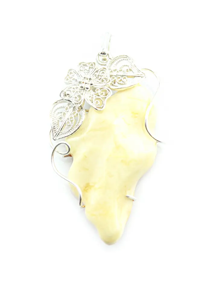 картинка Изящная подвеска из крупного натурального янтаря молочного цвета в серебре «Филигрань» в онлайн магазине